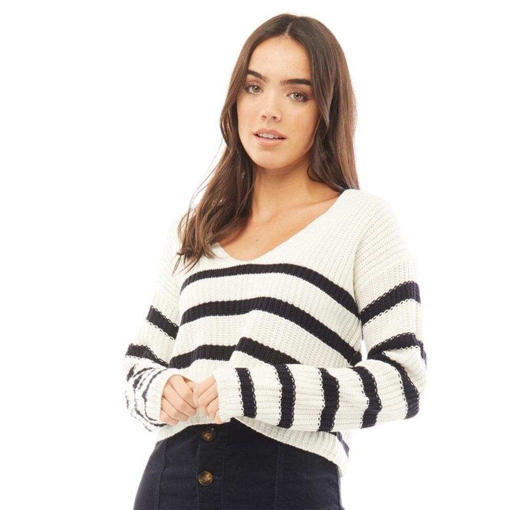 Brave Soul White Black Striped V-Neck Cropped Long Sleeve Sweater Top Size S